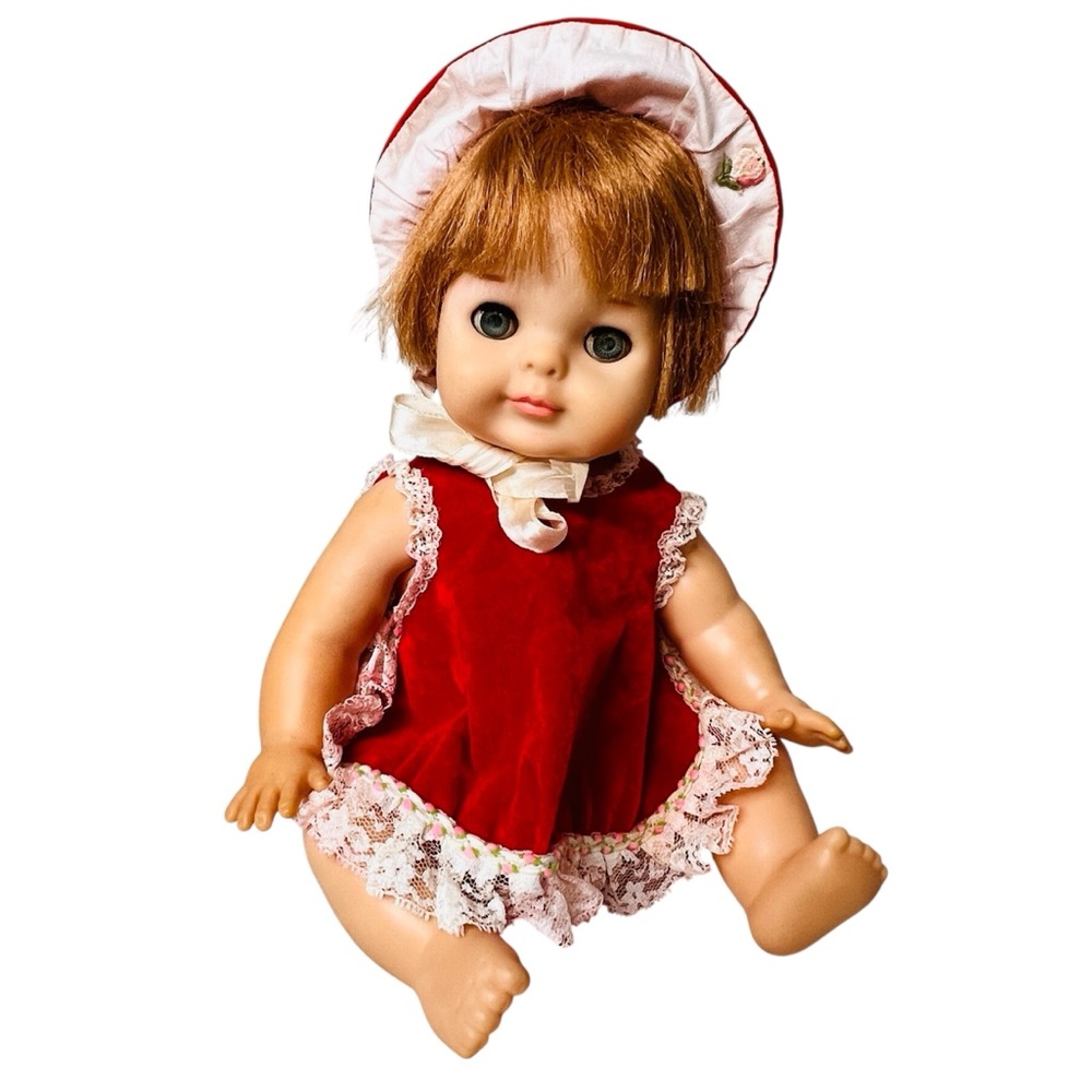 VTG 1965 Vogue Baby Girl Doll Blue Eyes Red Velvet Dress Bonnet with Clothes 13"